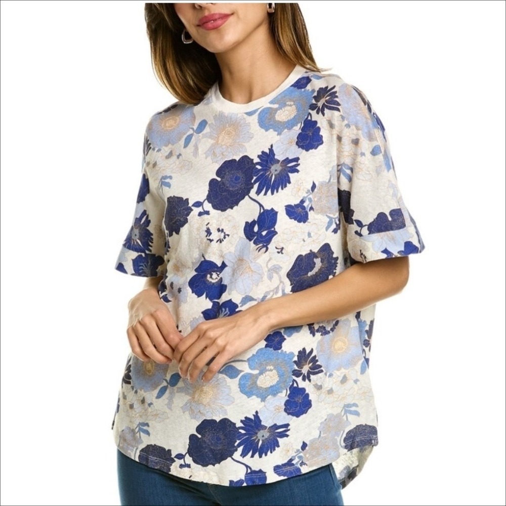 Ted Baker Kylea T-Shirt TED 0 = US 2 XS Cream Blue Floral Linen Top Quiet Luxury
